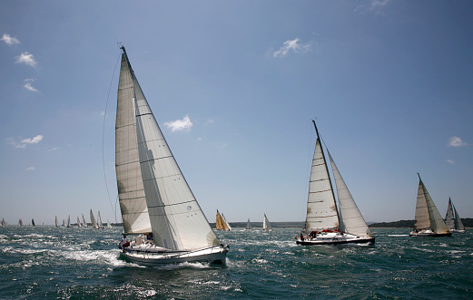 Imperia, Italy - September 10, 2023: Regatta of historical boats in the Gulf of Imperia, Italy