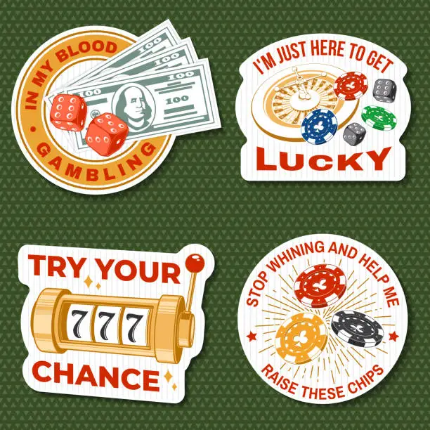 Vector illustration of Gambling sticker, print, logo, badge design with wheel of fortune, two dice, dollar banknotes and casino slot machines. Vector. Wheel of fortune, two dice and casino slot machines for gambling industry.