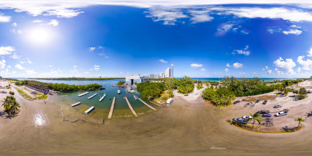 istock Aerial drone 360 equirectangular panorama Miami Beach Haulover Marina flood 1727991885