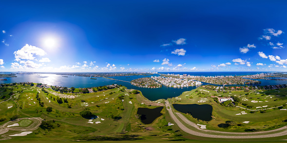 Aerial 360 equirectangular stock photo Miami Beach Indian Creek Island