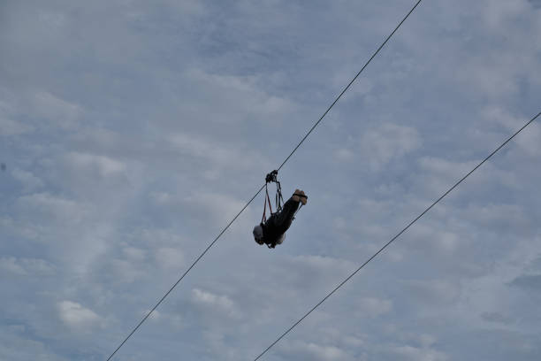 rear view of woman in the sunset in the forest on tyrolean traverse enjoying her adventure in the nature.