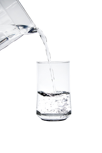 close-up of a moving glass of crystal clear water isolated on a white background