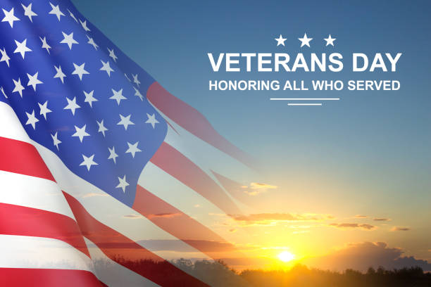 American flag against the sunset with text