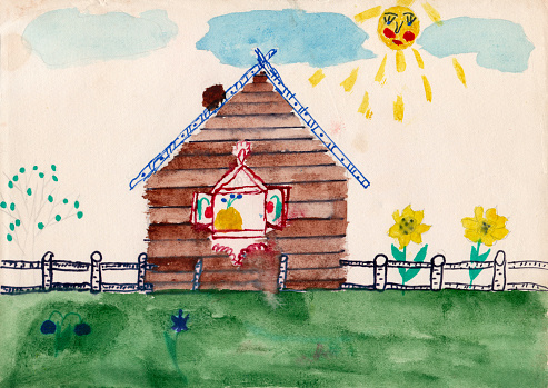 Children's drawing of rural house lawn sun and clouds drawn by watercolor. Pencil drawing of rural life. Life in village drawn by child. Landscape with house flowers and nature in children's drawing