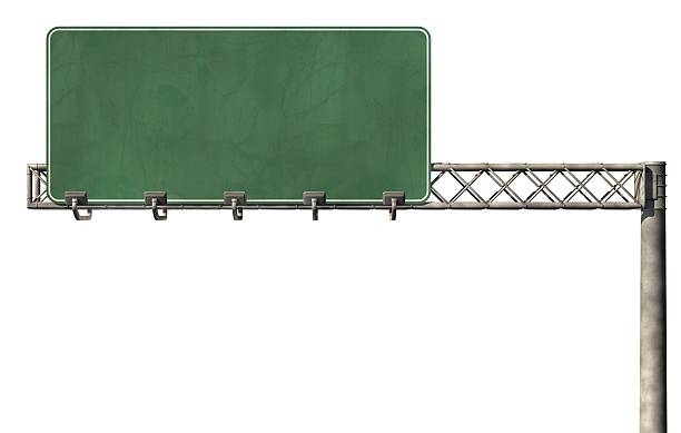 Blank Highway Sign 02 Blank interstate sign with copy space for your message on a white background.I suggest using the Arial font to get the interstate look.This is a detailed 3d rendering. road sign ahead stock pictures, royalty-free photos & images