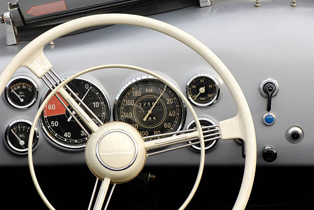 Luxury speedboat control panel with steering wheel, front view, full frame horizontal composition