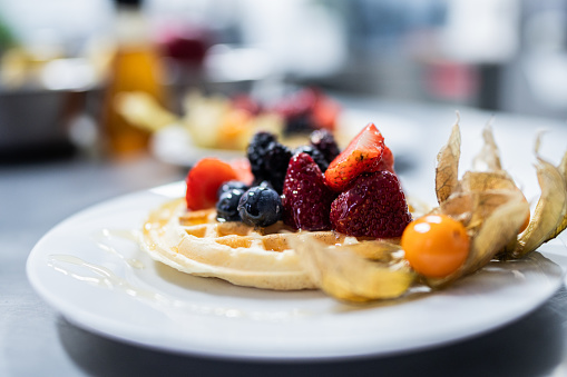 Close-up of a waffle with fruit