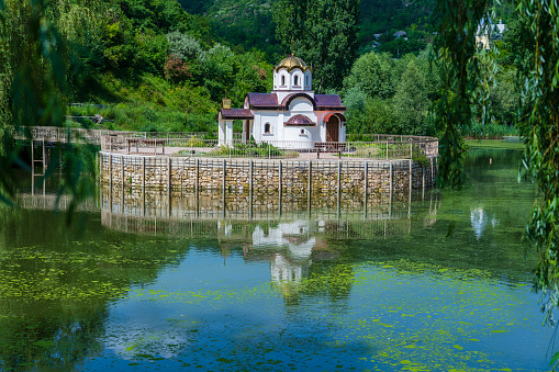 A new temple-chapel on the lake in the village of Stroentsy, built in the image of a temple from the holy land of Athos, Transnistria, Moldova