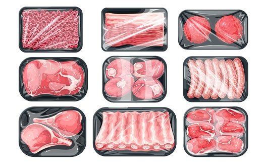 Meat products in plastic trays set vector illustration. Cartoon isolated frozen and fresh cold, beef and pork packs collection with ground meat and steaks, ribs and chops, sausages and bacon slices