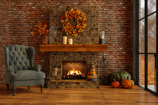 Chalet With Halloween Decoration. Living Room Interior With Pumpkins, Armchair And Fireplace
