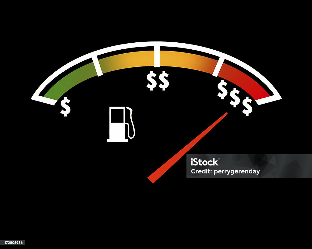 Gas Price Gauge "Close-up of car fuel gauge showing dollar signs in place of fractions. Single dollar sign at empty end of scale, and three dollar signs at full tank mark." Black Background Stock Photo
