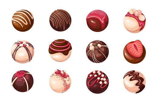 Chocolate bombs set vector illustration. Cartoon isolated choco candy balls in assortment collection for confectionery with white and dark chocolate, strawberry and sugar icing decoration on top