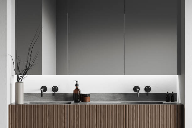 istock Modern bathroom interior with double sink and accessories with decoration 1728063516