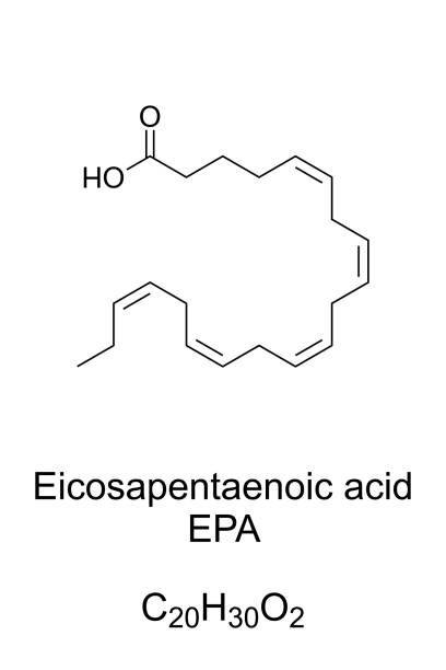 Eicosapentaenoic acid, EPA, polyunsaturated omega-3 fatty acid, chemical formula Eicosapentaenoic acid, EPA, chemical formula. timnodonic acid, a polyunsaturated omega-3 fatty acid. Contained in breastmilk, oily fish, edible algae, or as supplemental forms of fish or algae oil. eicosapentaenoic acid stock illustrations