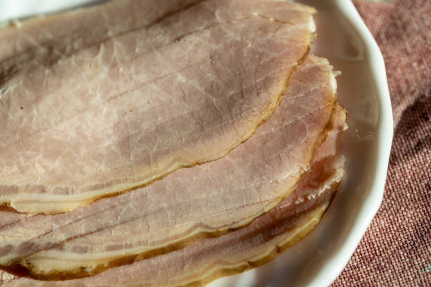 istock Meat. Sliced tenderloin on a plate. On the table. Tablecloth. Breakfast. 1728072704