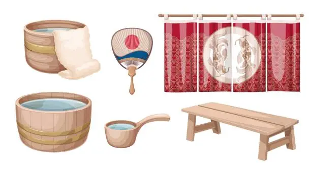 Vector illustration of Japanese Onsen Accessories Set