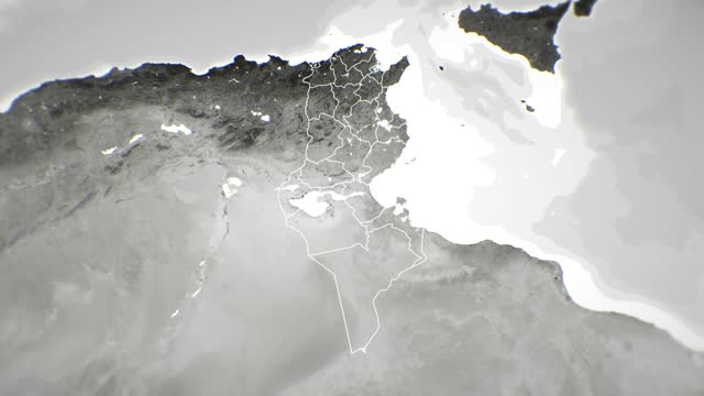 Zoom in on monochrome map of Tunisia, 4K, high quality, dark theme, simple world map, monochrome style, night, highlighted country and cities, satellite and aerial view of provinces, state, city,