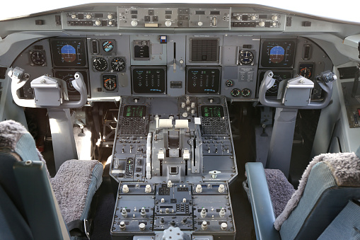cockpit of a twin engined airliner
