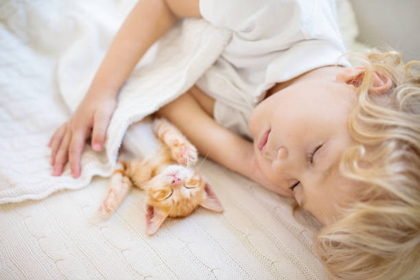 istock Baby boy sleeping with kitten. Child and cat. 1728075438