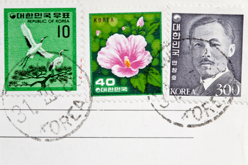 Stamps on a postcard from Korea