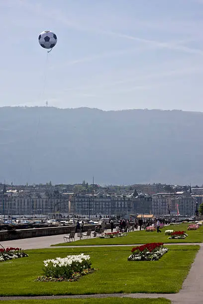 "For the UEFA 2008 European Soccer/Football championships, Geneva has put a ball on top of it landmark, Jet d'eau. When the wind is too strong, the fountain is shut off (as seen)"