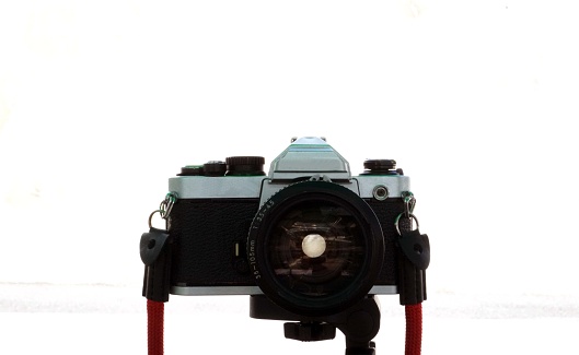 Front veiw of vintage film camera Isolated on a White Background, retro and travel vintage concepts.
