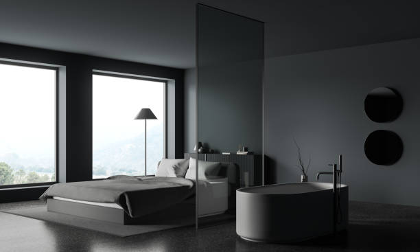 istock Grey hotel interior with bathroom and bedroom area, panoramic window 1728101298