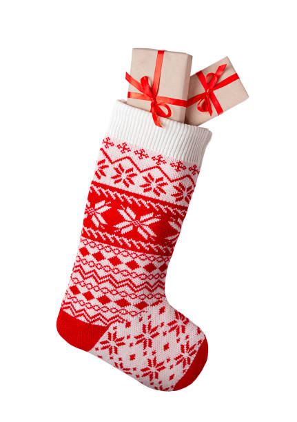 Christmas stocking with gifts isolated on white background