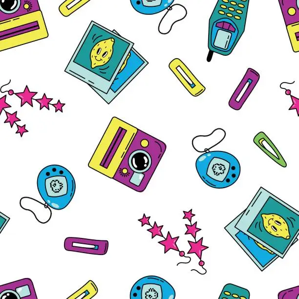 Vector illustration of Seamless pattern nostalgia of the 90s. Design for fabric, textile, wallpaper, packaging.