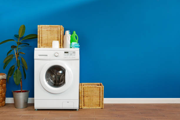 istock Laundry room. Close up of washing machine 1728108144