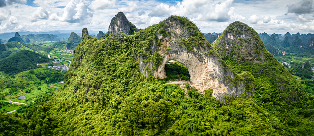 Aerial panoramic view of Moon Hill, Yangshuo county, Guilin, China.