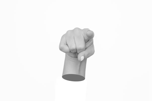 Antique statue's hand pointing forward into the screen isolated on a white background. Pointing finger gesture. 3d trendy creative collage in magazine style. Contemporary art. Modern design