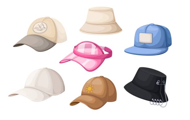 zestaw czapek sportowych i podróżnych - baseball cap cap hat golf hat stock illustrations