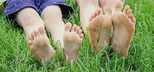 Children's legs on green grass. Selective focus. child