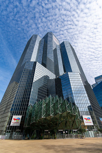 Courbevoie, France - October 9, 2023:  Exterior view of the headquarters of TotalEnergies, a French multinational integrated energy and petroleum company, in the business district of Paris-la Defense