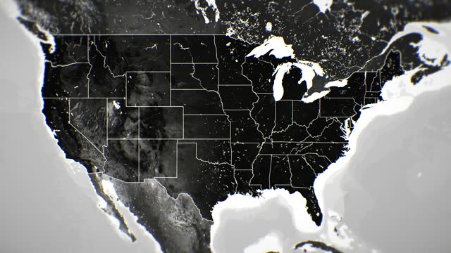 Zoom in on monochrome map of United States - USA, 4K, high quality, dark theme, simple world map, monochrome style, night, highlighted country and cities, satellite and aerial view of provinces, state, city,