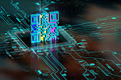 QR code icon on motherboard, abstract background, 3d render