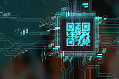 QR code icon on motherboard, abstract background, 3d render