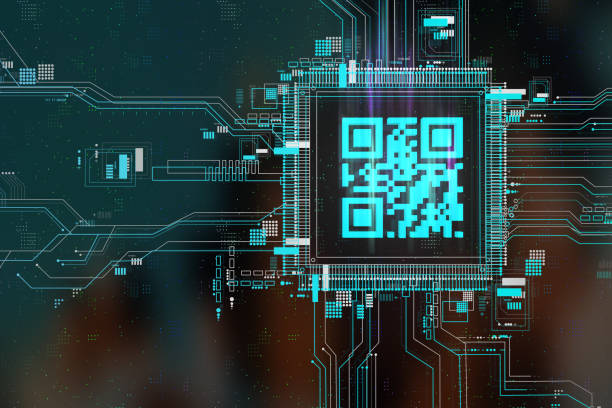 ikona kodu qr na płycie głównej, abstrakcyjne tło, render 3d - iphone application software mother board mobile phone zdjęcia i obrazy z banku zdjęć