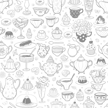Seamless pattern with tea party in English style. Tea cups, teapots, bakery, flowers. Can be used for wallpaper, pattern fills, textile, web page background, surface textures