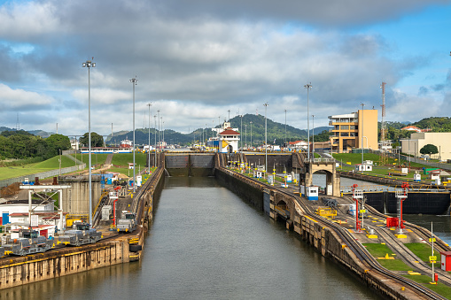 View of the Miraflores Locks, East Lane. Giant locks allow huge ships to pass through the Panama Canal.