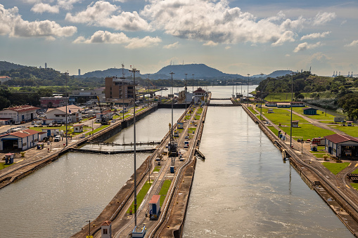 View of the Miraflores Locks. Giant locks allow huge ships to pass through the Panama Canal.