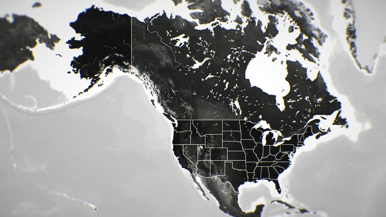 Zoom in on monochrome map of United States - USA, 4K, high quality, dark theme, simple world map, monochrome style, night, highlighted country and cities, satellite and aerial view of provinces, state, city,