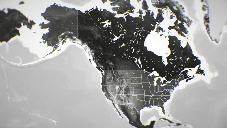 Zoom in on monochrome map of United States - USA, 4K, high quality, dark theme, simple world map, monochrome style, night, highlighted country and cities, satellite and aerial view of provinces, state, city,