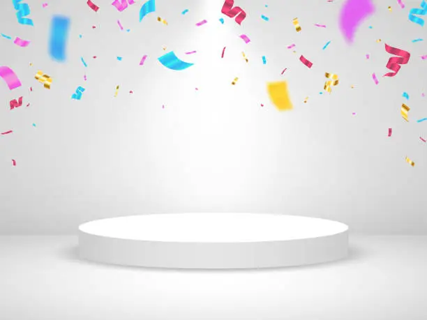 Vector illustration of Winners podium. White scene with confetti. Pedestal with falling serpentine. Award ceremony template. Platform with spotlights. Product presentation concept. Vector illustration
