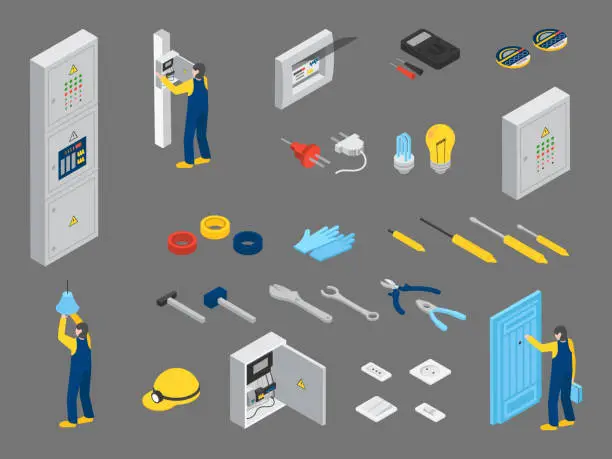 Vector illustration of Electrician and Electrician's Tools Isometric Vector