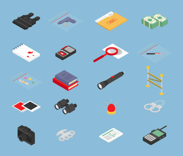 Detective Attributes Isometric Vector Set Detective attributes. Isometric vector illustration. detective icon set stock illustrations