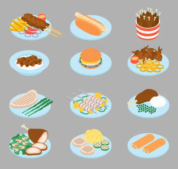 Vector illustration of Chicken Dishes Isometric Vector Set