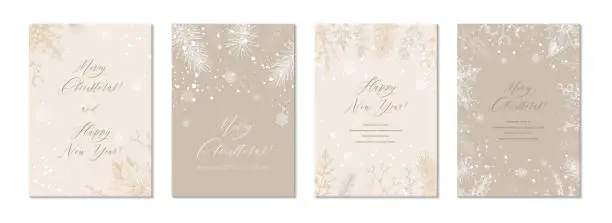 Vector illustration of Merry Christmas and Happy New year greeting cards set. Hand drawn sketch winter postcard. Trendy holiday festive design background for invitations, certificate, social media templates