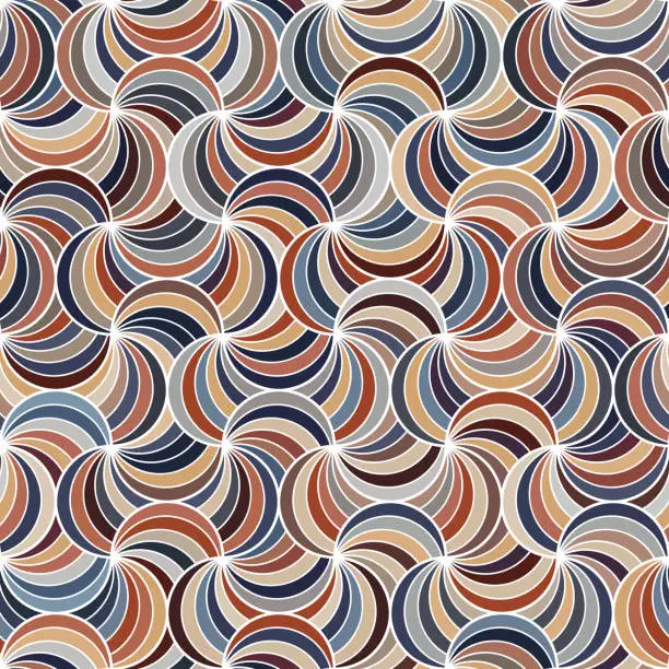 Vector illustration of Seamless repeating pattern with curved multicolored lines arranged in spirals on a white background. Vector illustration.